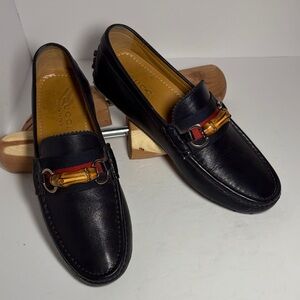 Gucci Black Leather Loafers with Red and Gold Accents
